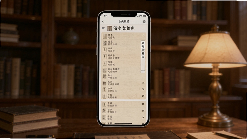 整体画面以一部悬浮的智能手机为中心,屏幕中显示清史数据库的古典书目列表界面,背景为柔和的书房场景,木质书架与暖色台灯营造沉静氛围,画面风格写实细腻,突出数字阅读与历史文献融合的主题