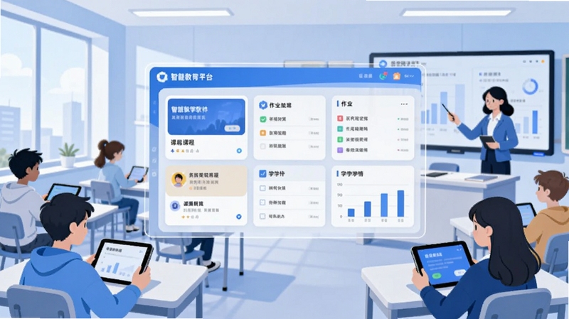 整体概括智慧教学软件核心全貌,画面中央是一块悬浮的智慧教育平台界面,展示课程卡片、作业列表与学情图表,背景为明亮的现代教室场景,学生使用平板学习,教师在大屏前讲解,整体风格清新科技感,蓝白色调,扁平化插画风格,构图居中,适配Boogu模型生成
