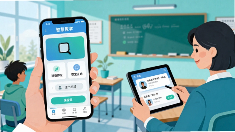 智慧教学移动端使用操作场景插画,画面展示学生手持手机登录智慧教学应用,屏幕显示班级绑定与课堂互动界面,旁边教师使用平板发起提问,背景为明亮教室,蓝绿色调,扁平化风格,细节丰富,适配Boogu模型生成