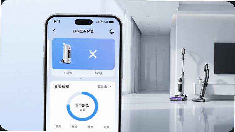 ���廭����ǳ�����ɫΪ��ɫ��������ƫ��λ��չʾһ�������ֻ�����Ļ�ڳ���DREAME XӦ�������棬�����豸��Ƭ�������Ȼ��������Ҳ�����Ϊ�ִ���Լ��������������ྻ���⣬����ڷ�ϴ�ػ�����������Ʒ��������������ͨ͸��ͻ�����ܼҾ���̬��