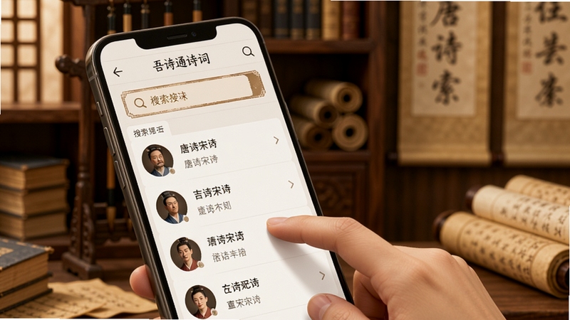 吾诗通诗词检索功能展示图,画面为一只手在手机屏幕上滑动浏览诗词搜索结果列表,屏幕中显示唐诗宋词条目与作者头像,背景为古风书架与卷轴,色调温暖柔和,重点突出检索框与结果列表的清晰布局
