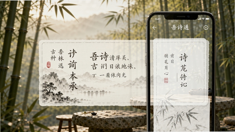 吾诗通每日推荐与赏析页面展示图,画面为手机屏幕呈现一首古诗的赏析卡片,卡片上有水墨插画与文字排版,背景为晨光中的竹林与石桌,色调清雅,突出阅读的宁静氛围