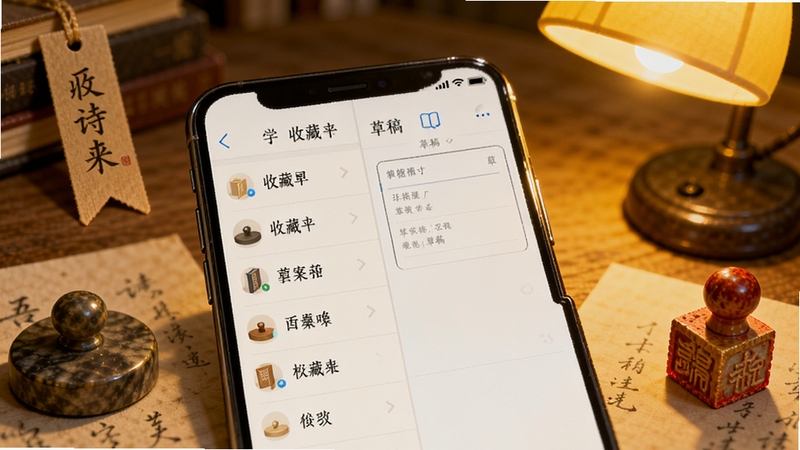 吾诗通收藏夹与创作草稿界面示意图,画面为手机屏幕显示收藏列表与草稿编辑框,屏幕周围有书签、镇纸与印章元素,背景为暖黄色灯光下的书桌,整体氛围温馨,体现个人学习管理的便捷性