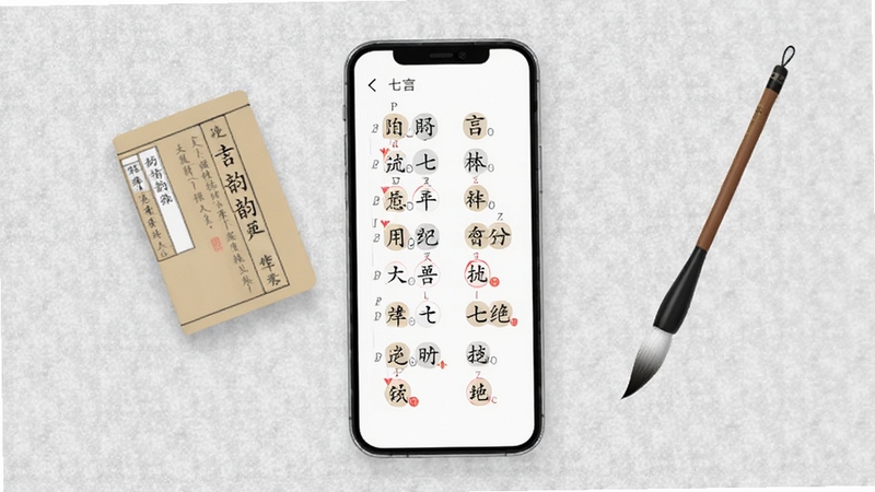 吾诗通格律检测界面示意图,画面中央为手机屏幕显示一首七言绝句的平仄标注,部分字词带有红色提醒标记,屏幕旁边漂浮着韵书与毛笔元素,背景为浅灰色宣纸纹理,整体风格素雅专业,体现检测功能的严谨性