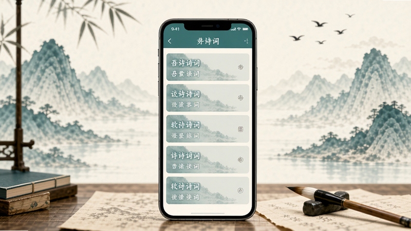 吾诗通软件主界面展示图,画面中央为手机屏幕显示诗词列表页面,背景为淡雅的水墨山水画风格,远处有青山与飞鸟,近景为书案与毛笔,整体色调为青绿色与米白色搭配,构图简洁大方,突出软件界面与传统文化氛围的融合