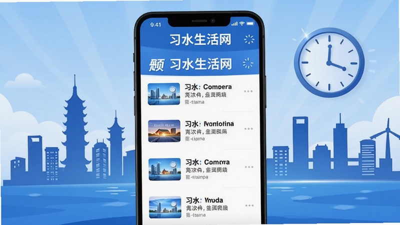 习水生活网本地资讯频道手机截图风格插画,画面中央为新闻列表界面,背景融入习水城市剪影与时钟元素,体现信息时效性,色调以蓝色为主
