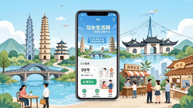 习水生活网手机应用界面全景展示,画面主体为一部智能手机屏幕坐标居中,背景为习水城市地标与生活场景融合插画,色彩清新明亮,突出本地生活服务平台的便捷与亲和力