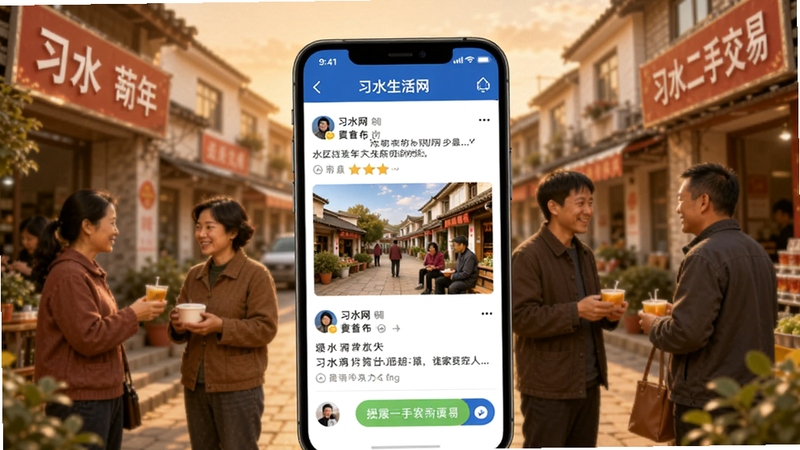 习水生活网社区互动与二手交易板块界面示意,画面中央为手机屏幕上的帖子信息流与聊天按钮,背景为习水街区邻里交流场景,风格温暖亲切