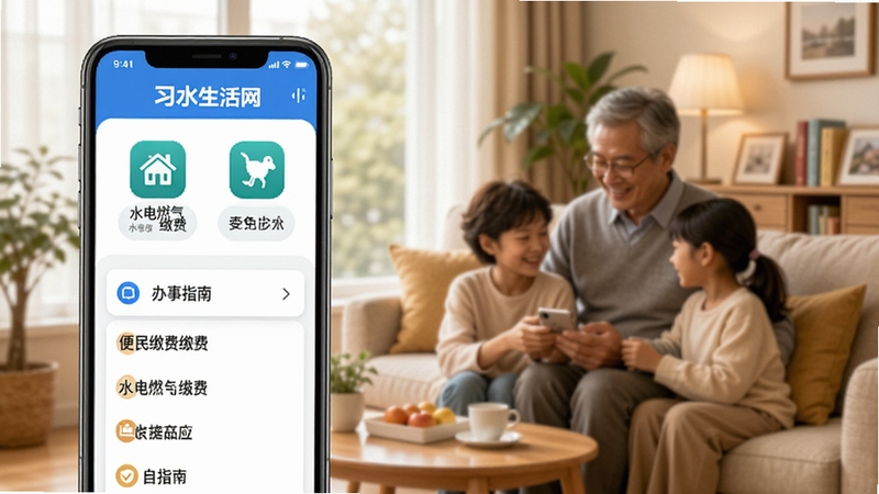 习水生活网便民缴费功能界面展示,画面主体为手机屏幕上的水电燃气缴费图标与办事指南列表,背景为温馨家庭生活场景,突出便捷高效的生活服务体验