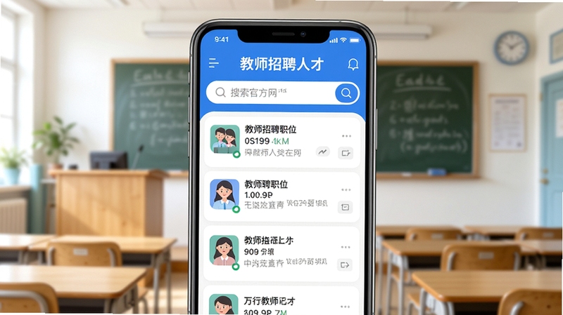 万行教师人才网app官方主界面展示,手机屏幕中央呈现教师招聘职位列表与搜索栏,背景为明亮的教室场景,讲台与黑板虚化处理,整体色调清新专业,画质高清,适配Boogu模型生成