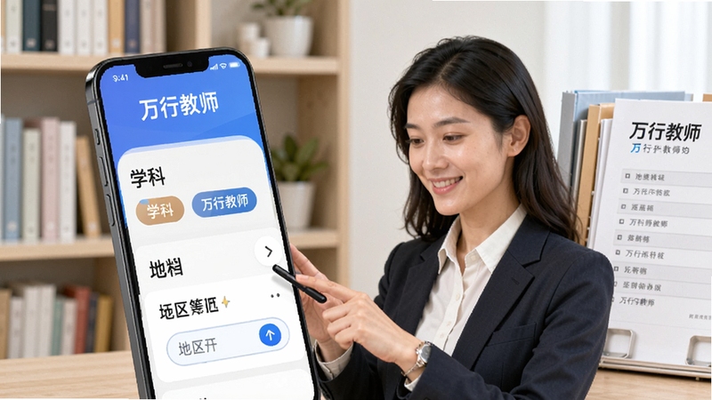 万行教师app智能匹配功能展示,手机界面显示学科标签与地区筛选条件,旁边有教师形象人物正在查看手机,背景为书架与教案,画面简洁明亮,突出万行教师品牌标识