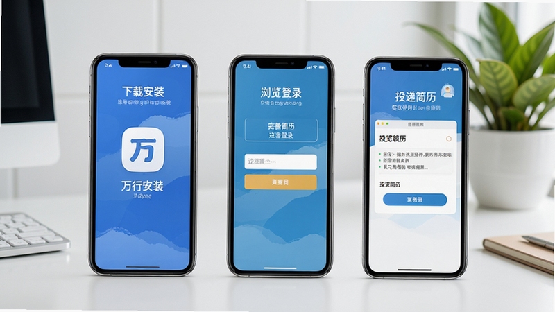 万行教师app安装使用步骤示意图,手机屏幕展示从下载安装到注册登录、完善简历、浏览职位、投递简历的流程界面,背景为简洁的办公桌面与绿植,画面清晰有序