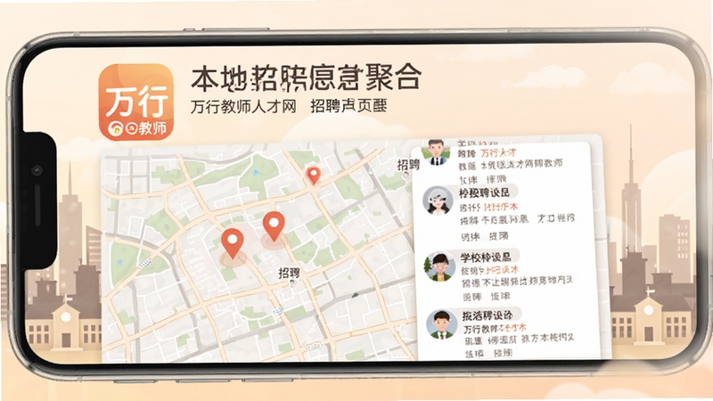 万行教师人才网本地招聘信息聚合页面,手机屏幕显示城市地图定位与周边学校招聘列表,背景为城市天际线与校园建筑剪影,色调温和,突出万行教师应用图标
