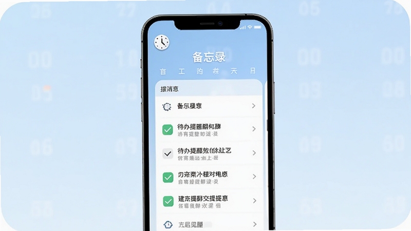 备忘录记事待办提醒功能界面,手机屏幕显示日历与提醒列表,画面主体位于中央,背景区域为淡蓝色渐变,细节包含时钟图标与勾选标记,适配Boogu模型生成