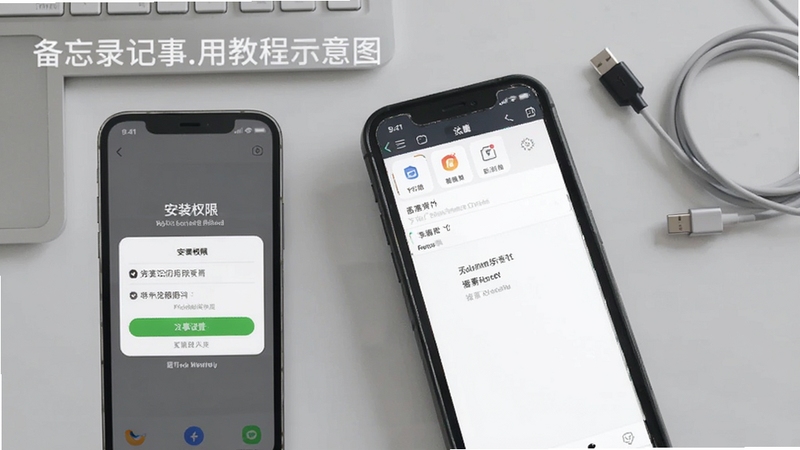 备忘录记事使用教程示意图,手机屏幕显示安装权限设置页面与记事编辑界面并列,画面主体位于中央偏右,背景区域为浅灰桌面与数据线元素,适配Boogu模型生成