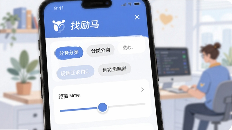 找励马任务筛选界面特写,手机屏幕中显示分类标签与距离滑块,背景为柔和的工作场景插画,画面中带有找励马标识,风格扁平化设计