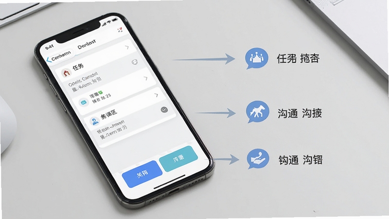 找励马移动端操作示意图,画面展示手机屏幕中任务列表与沟通按钮的布局,旁边配有简洁的步骤箭头与提示图标,背景为浅灰色工作台面,整体色调清爽