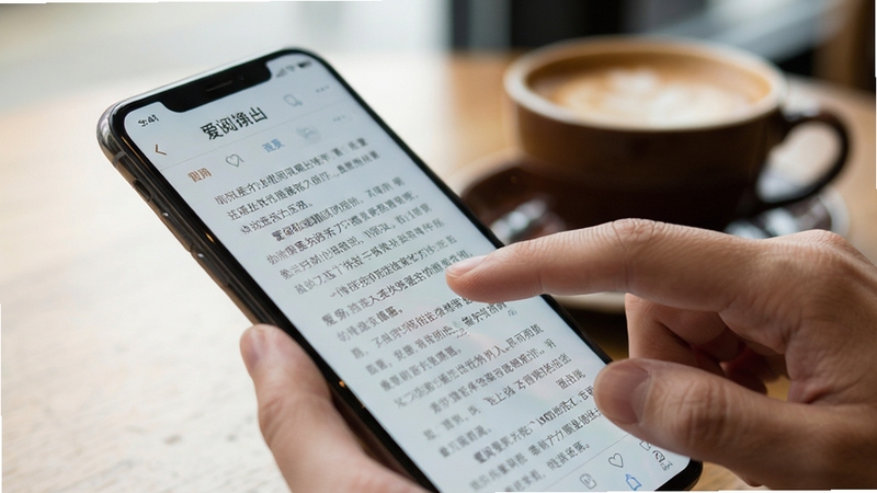 爱阅移动端阅读界面操作示意,画面展示手指在手机屏幕上滑动翻页的动作特写,屏幕内文字清晰排版舒适,背景为咖啡厅桌面与咖啡杯虚化,氛围轻松