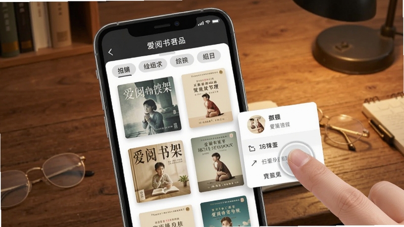 爱阅书架管理界面,手机屏幕展示多本书籍封面以网格排列,顶部有分组标签栏,画面右侧有手指长按弹出菜单的示意,背景为木质书桌纹理,营造真实书房氛围