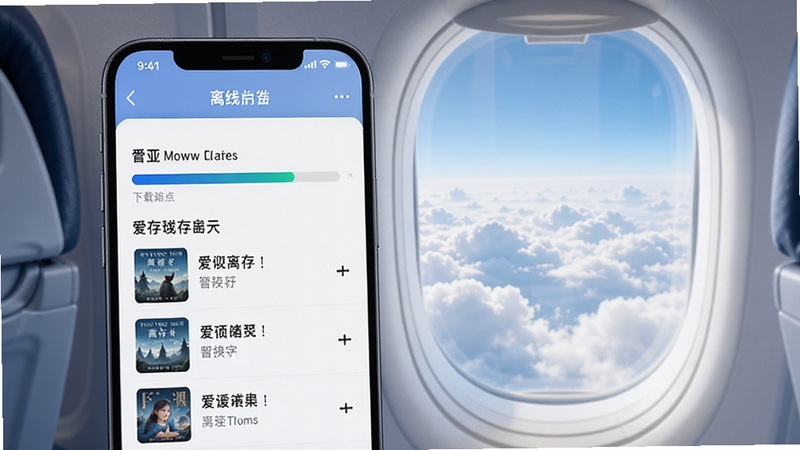 爱阅离线缓存功能示意图,画面主体为手机屏幕显示下载进度条与已缓存书籍列表,背景为飞机舷窗外的云层,暗示离线场景,色调清新明亮