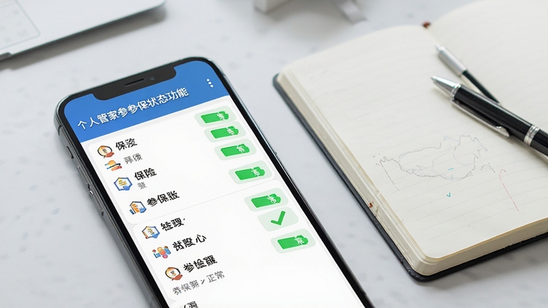 医保社保个人管家参保状态查询功能界面特写,手机屏幕显示五险参保状态列表与绿色正常标识,背景为淡灰色办公桌面,旁边放置一本打开的笔记本和一支笔,画面明亮清晰,突出查询便捷性,写实风格,适配Boogu模型生成