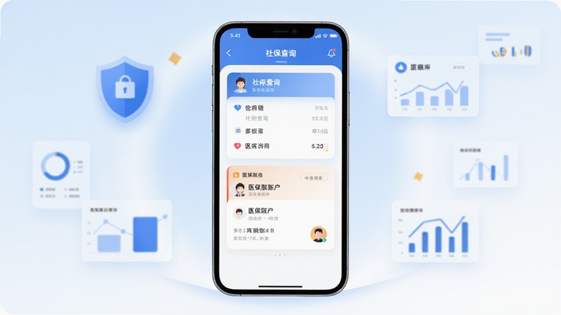 医保社保个人管家应用主界面全貌展示,画面主体为居中放置的智能手机,屏幕显示社保查询功能模块与医保账户信息卡片,背景区域为浅蓝色渐变到白色的柔和光晕,四周点缀简洁的盾牌与数据图表元素,整体风格清新商务,扁平化设计,高清细节,适配Boogu模型生成