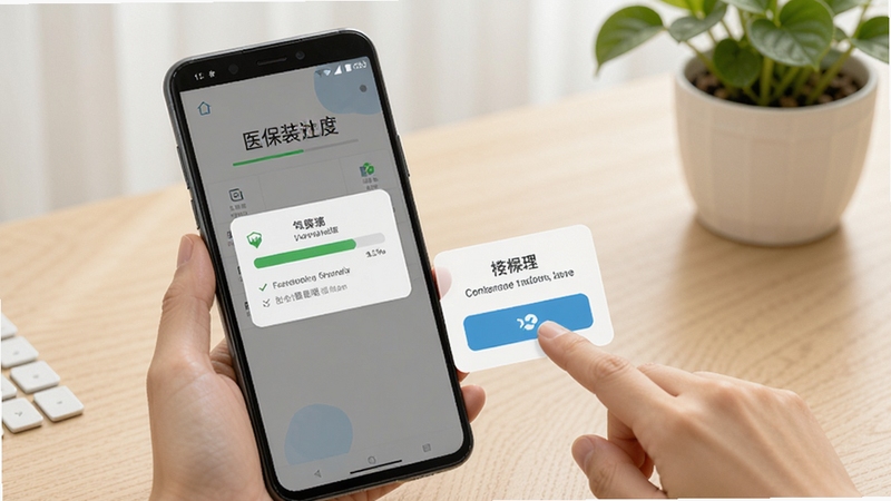 医保社保个人管家安装步骤示意场景图,画面展示一部安卓手机屏幕显示安装进度条与权限授予弹窗,旁边有一只手正在点击允许按钮,背景为浅色木质桌面和绿植,光线柔和,突出操作指引感,适配Boogu模型生成