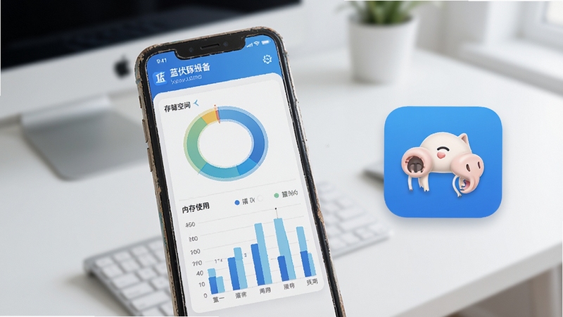 蓝伏豚轻量设备管理功能界面展示,手机屏幕呈现存储空间环形图与内存使用柱状图,界面配色清新,背景为简洁的桌面环境,画面右侧悬浮蓝伏豚软件图标,整体氛围干净利落,突出数据可视化与易用性