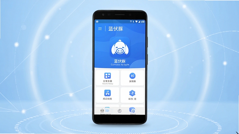 蓝伏豚软件主界面全貌展示,画面中央放置一部安卓智能手机,屏幕显示蓝伏豚简洁清爽的功能面板,背景为浅蓝色渐变科技感空间,四周点缀柔和光晕与几何线条,整体风格现代简约,突出软件图标与核心功能入口,高清细节,适合下载站展示
