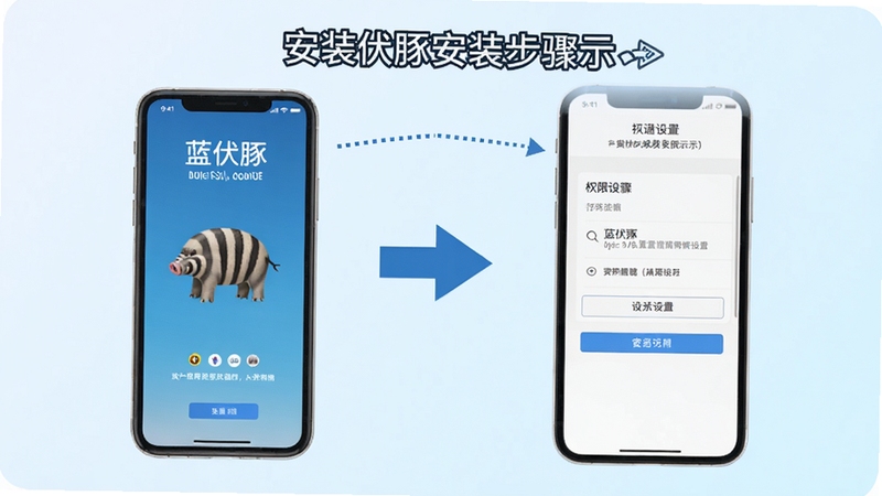 蓝伏豚安装步骤示意图,画面展示手机安装界面与权限设置页面并列排版,带有箭头引导流程,背景为简洁的浅色渐变,整体风格清晰易懂,适合新手参照操作