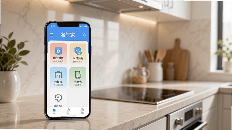 整体画面以现代家庭厨房为背景,画面中央偏左位置放置一部智能手机,屏幕显示名气家应用首页界面,包含燃气缴费、安检预约、报修服务等图标模块,背景区域为温馨整洁的厨房台面与浅色墙面,光线柔和明亮,风格写实清新,突出家庭生活服务场景,适配Boogu模型生成