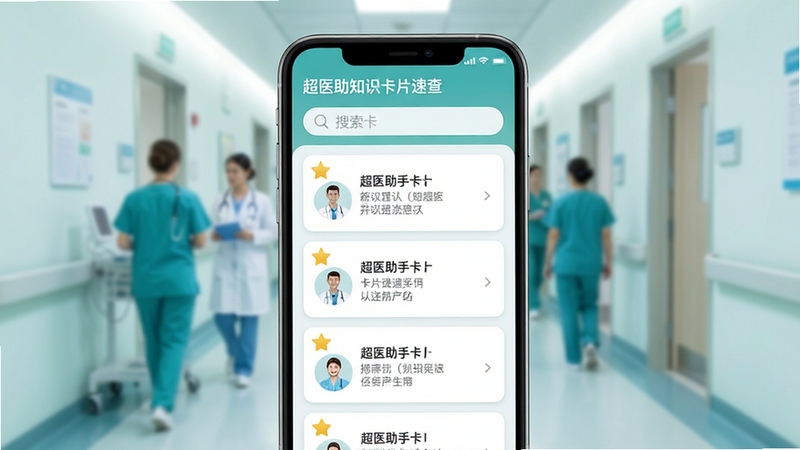 超医助手知识卡片速查功能界面,手机屏幕显示卡片式知识点列表,配有收藏星标与搜索框,背景为医院走廊虚化场景,色调清新