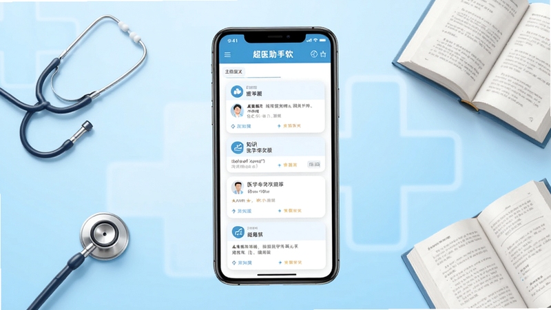 超医助手软件主界面全貌,画面中央展示手机屏幕内医学题库与知识卡片布局,背景为浅蓝色医疗风格渐变,周围点缀听诊器与书本元素,整体简洁明亮,适配Boogu模型生成