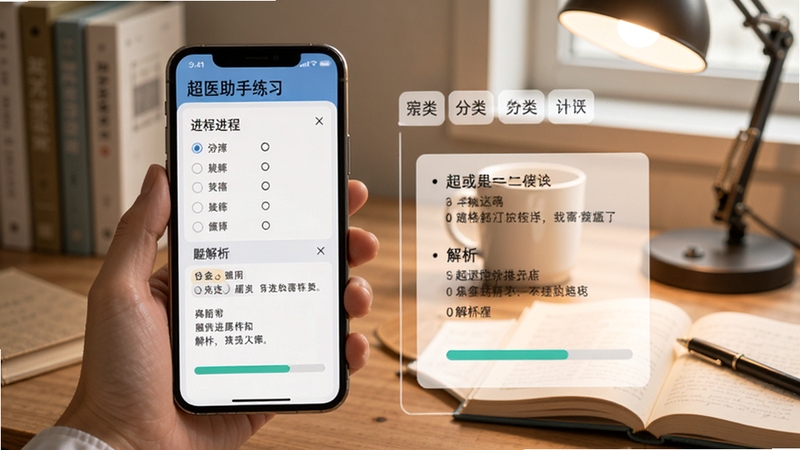 超医助手题库练习界面展示,手机屏幕上呈现选择题与解析面板,旁边有分类标签与进度条,背景为书桌场景,光线柔和,突出学习氛围