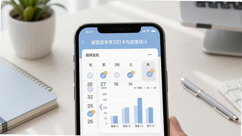 超医助手学习打卡与进度统计界面,手机屏幕展示日历打卡标记与柱状图,背景为简约办公桌面,配色柔和,体现规律学习主题