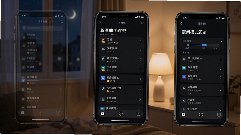 超医助手离线缓存设置与夜间模式界面,手机屏幕呈现深色主题与下载管理列表,背景为夜晚室内柔和灯光,突出护眼与便捷