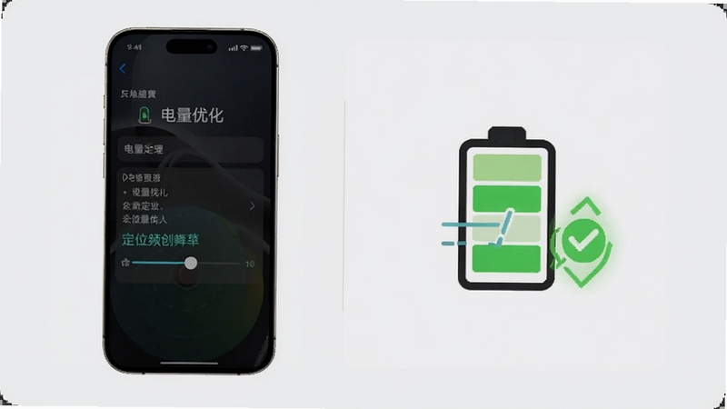 手机找人快速定位低功耗后台运行示意图,画面展示一部手机屏幕显示电量优化设置界面和定位频率调节滑块,旁边有电池图标和绿色节能标识,背景为浅灰色极简风格,适配Boogu模型生成