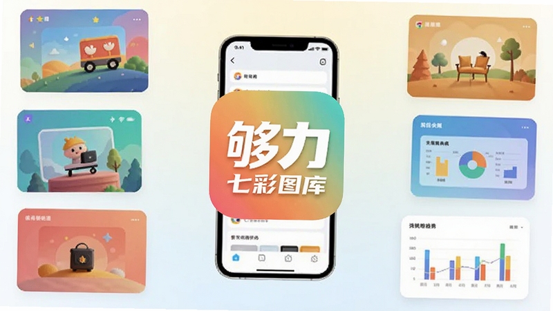 软件核心全貌展示,画面中央放置够力七彩图库应用图标与手机界面,背景为浅色渐变,四周环绕七彩图片卡片与资料图表元素,整体风格简洁明快,适配Boogu模型生成