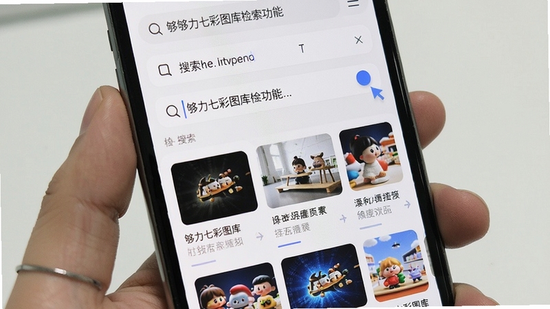 够力七彩图库检索功能界面,手机显示搜索框与关键词输入状态,下方排列匹配结果缩略图,背景为白色与浅灰搭配,画面突出检索交互细节