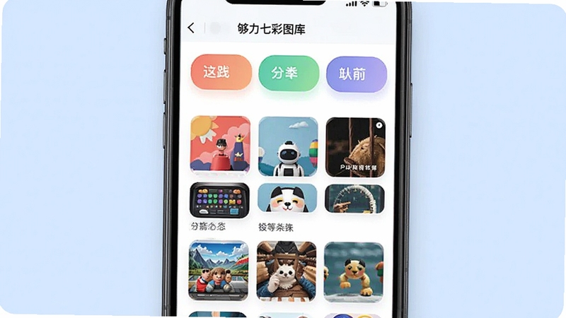 够力七彩图库分类浏览界面,手机屏幕显示多个彩色分类标签与缩略图网格,背景为柔和浅蓝色,画面干净整洁,突出分类导航的便捷性