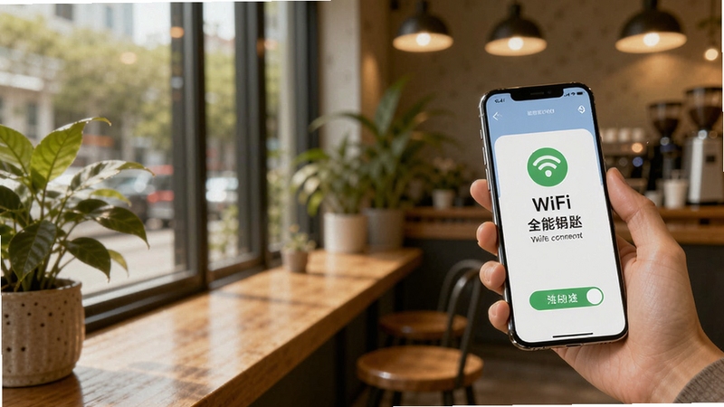 WiFiԿ��ȫ�ܰ�ʹ�ó���ͼ���û��ֳ��ֻ�վ�ڿ��������ߣ���Ļ��ʾ���ӳɹ���ʾ������Ϊůɫ�����ڻ�������ֲ����Χ������Ȼ