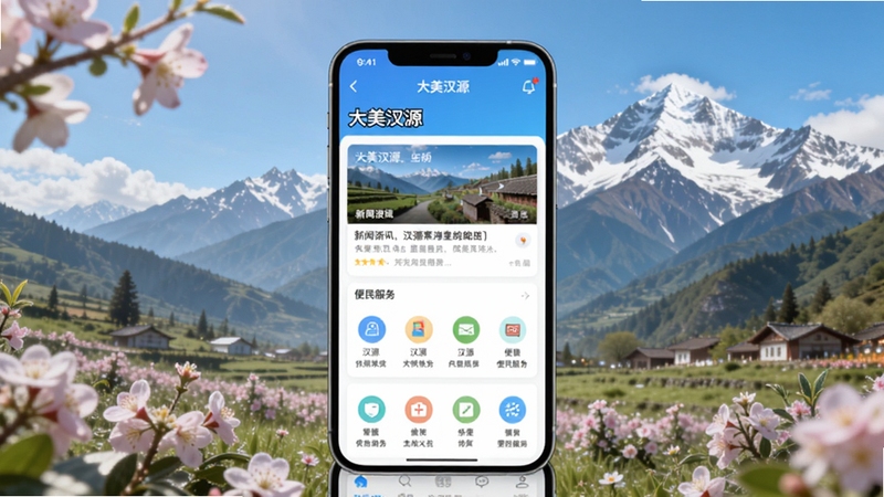 软件核心全貌展示图,画面中央放置一部智能手机,屏幕内呈现大美汉源应用首页界面,包含新闻资讯卡片和便民服务图标,背景为汉源花海果乡与贡嘎山远景,整体风格清新明亮,适配Boogu模型生成