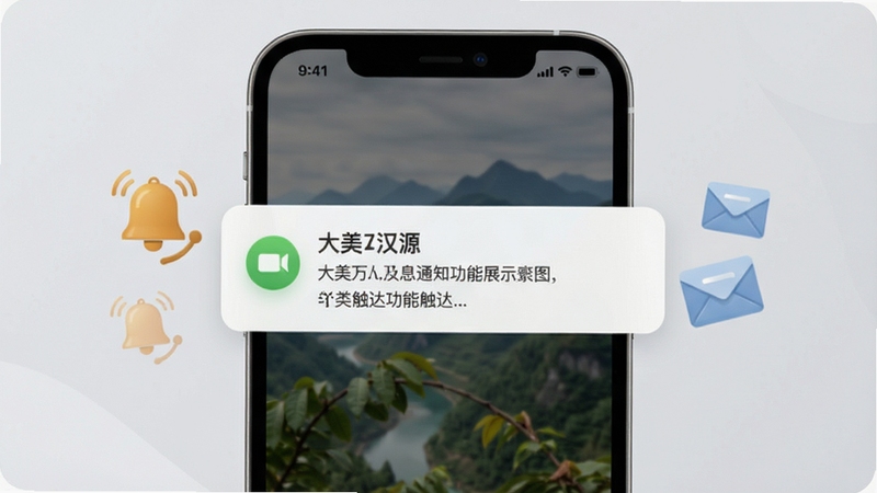 大美汉源消息通知功能展示图,手机屏幕弹出通知提醒卡片,旁边有铃铛和信封图标,背景为淡雅灰色,突出信息触达的及时性