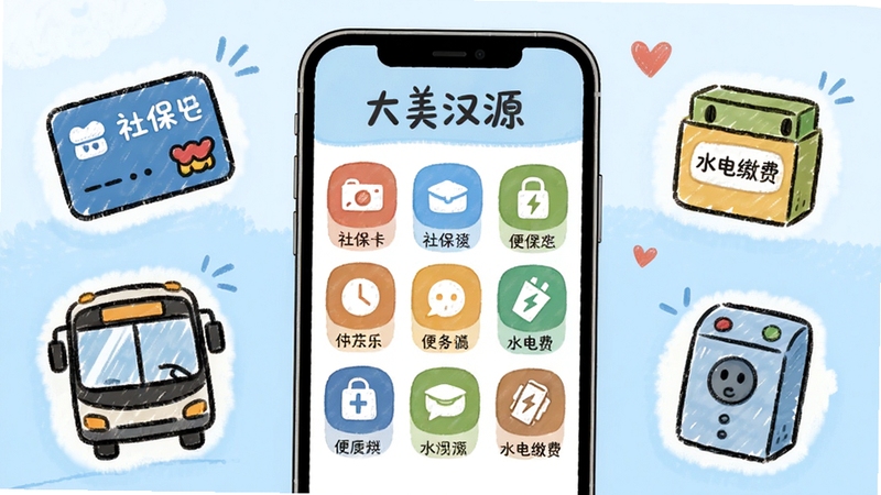 大美汉源便民服务功能展示图,手机屏幕呈现便民服务九宫格图标,周围环绕社保卡、公交车、水电缴费等手绘元素,背景浅蓝色调,风格简洁友好