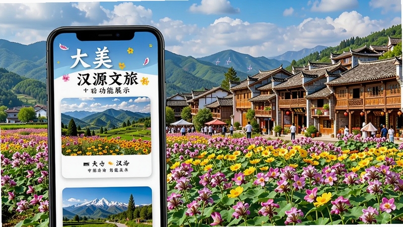 大美汉源文旅推介功能展示图,画面展示手机屏幕内景点图文卡片,背景为汉源花海与古镇建筑,色彩鲜艳,富有旅游氛围
