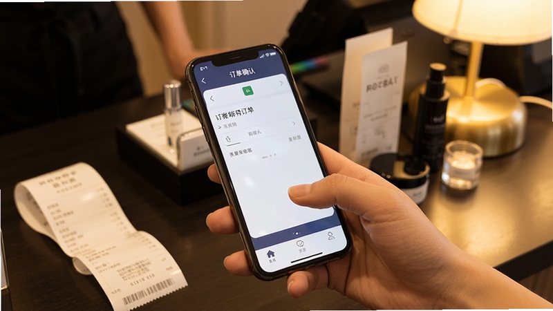 一只手握持手机操作美条街应用,屏幕显示订单确认页面与底部导航栏,背景为美业门店前台桌面,摆放收银小票与产品样品,暖色调灯光,近景特写,突出移动端便捷操作