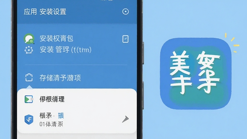 安卓手机设置界面截图风格插画,展示应用权限管理与存储清理选项,旁边配有美条街图标,浅蓝背景,扁平化设计,突出安装设置与权限授予场景