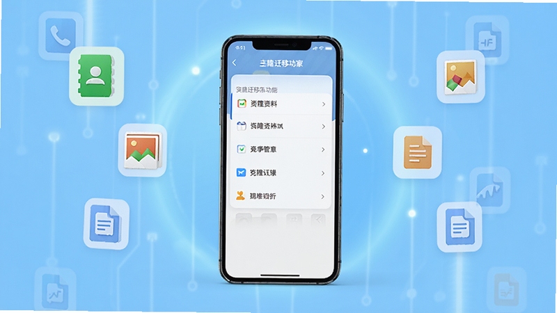 克隆资料一键管家软件主界面全貌展示,画面中央是一部智能手机屏幕显示简洁的资料迁移功能列表,背景为浅蓝色渐变科技感光晕,周围漂浮着通讯录、照片、文档等图标元素,整体风格清爽明亮,适配Boogu模型生成