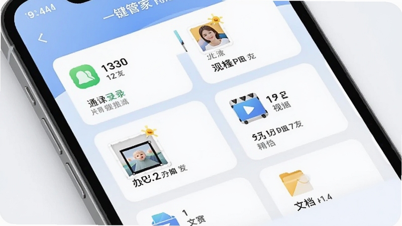 克隆资料一键管家智能扫描界面,手机屏幕显示通讯录、照片、视频、文档等分类卡片整齐排列,每类旁边标注数量与大小,画面以柔和的蓝白配色为主,背景干净简洁,突出分类清晰的视觉效果