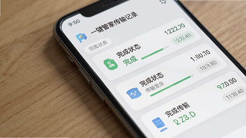 克隆资料一键管家传输记录页面,手机屏幕显示历史传输任务列表,每条记录带有完成状态与时间标签,界面采用卡片式布局,配色清新淡雅,背景为浅灰色,突出记录清晰有序的视觉感受